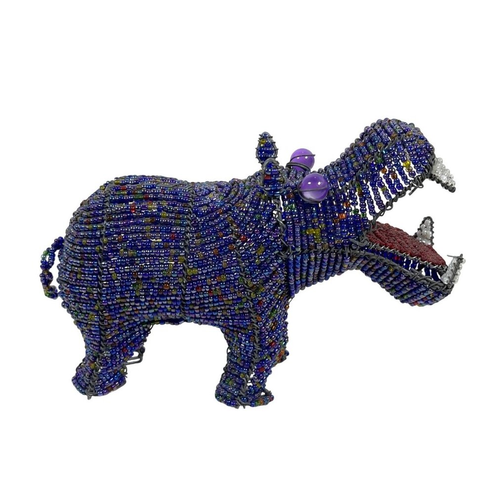 Handmade Hippopotamus Blue Red Glass Bead House Hippo South Africa Artisan VTG - Picture 3 of 12